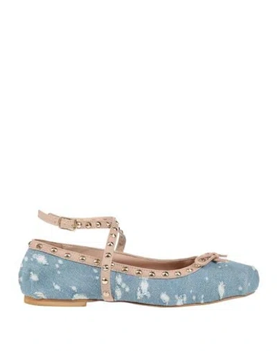 Divine Follie Woman Ballet Flats Blue Size 8 Leather, Textile Fibers