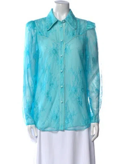 Pre-owned Divine Héritage Lace Pattern Long Sleeve Button-up Top In Blue