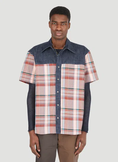 (d)ivision Check-panel Denim-weave Shirt In Blue