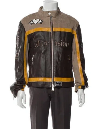 Pre-owned (d)ivision Lamb Leather Colorblock Pattern Moto Jacket In Brown