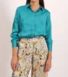 Dixie Maximillion Satin Button Down Shirt In Teal In Blue
