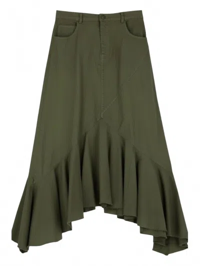 Dixie Women's Frayed Hem Hi Low Ruffle Skirt In Military In Green
