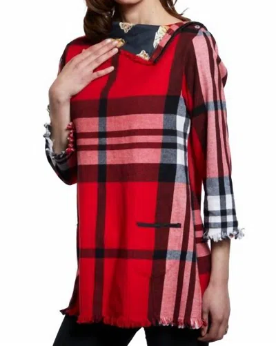 Dizzy Lizzie Aspen Cowl Neck Button Neck Flannel Top In Red/ Black/ White In Multi