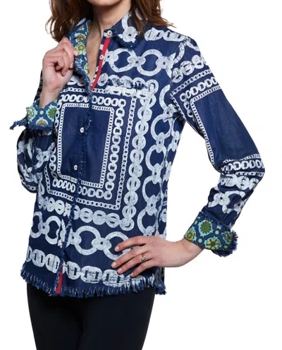 Dizzy Lizzie Denim Chains Button Up Top In Blue/white