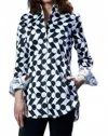 Dizzy Lizzie Jackson Hole Tunic Boyfriend Shirt In Black And White Op Art Dots In Blue