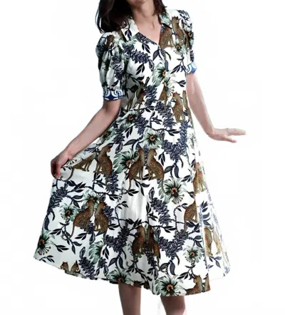 Dizzy Lizzie Montauk Dress In White, Navy & Green Cheetahs In Multi