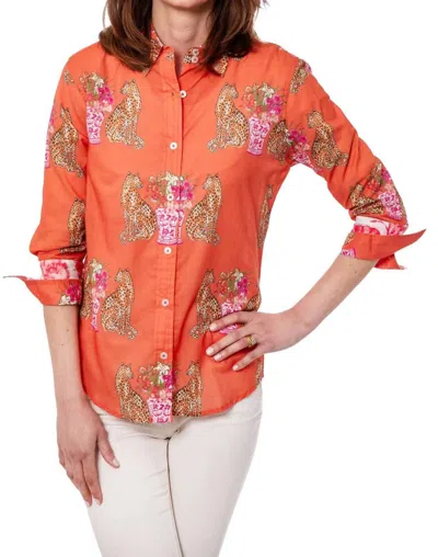 Dizzy Lizzie Rome 3/4 Sleeve Shirt In Orange W/ Cats