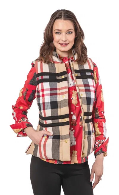 Dizzy Lizzie Rosey Yarndyed Flannel Vest In Khaki Red In Multi