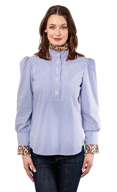 Dizzy Lizzie Striped Puff Sleeve Top With Collar & Cuff In Cheetah/blue In Purple