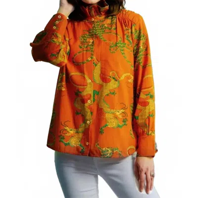 Dizzy Lizzie Sun Valley Oversized Shirt With Ruffled Collar In Orange With Dragons In Gold