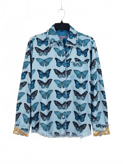 Dizzy Lizzie Women's Button-down Shirt In Blue Butterflies In Multi