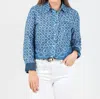 Dizzy Lizzie Women's Cape Cod Frayed Shirt In Navy White Ikat In Blue