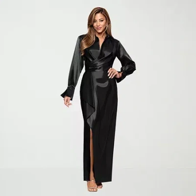 Dj Jaz Satin Womens Long Sleeve Evening Gown In Black
