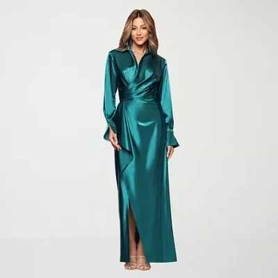 Dj Jaz Satin Womens Long Sleeve Evening Gown In Blue