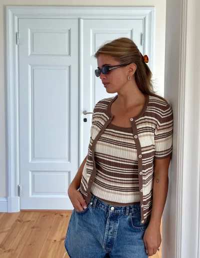 Djerf Avenue Knitted Short Sleeve Cardigan Brown Stripe