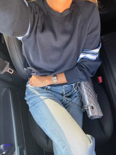 Djerf Avenue Striped Sleeve Crewneck Blue