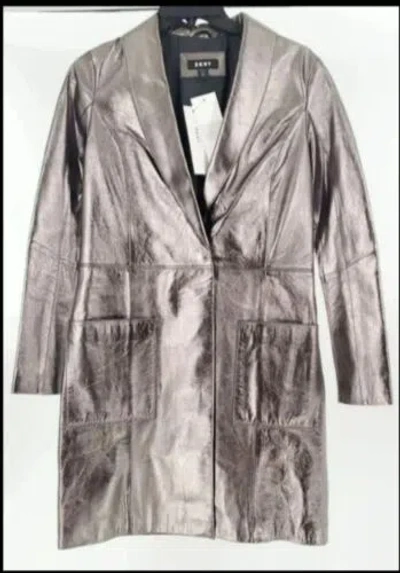 Pre-owned Dkny 100% Lambskin Leather Trench Coat☆women's Xs In Forged Iron