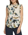 Dkny 1/2 Placket Ruffle Trim Top In White