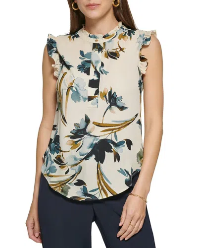 Dkny 1/2 Placket Ruffle Trim Top In White