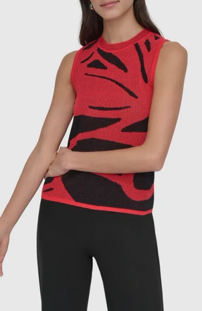 Dkny Abstract Floral Jacquard Sleeveless Cotton-blend Sweater In Watermelon/black