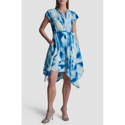 Dkny Abstract Print Asymmetric Hem Linen Dress In Blue