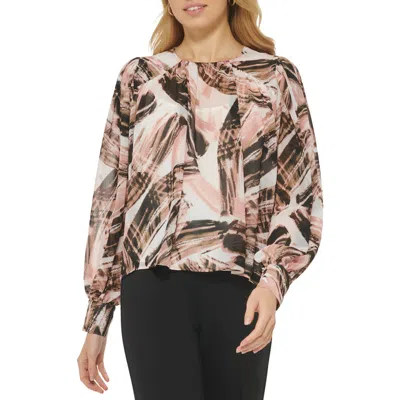 Dkny Abstract Print Balloon Sleeve Top In Ivory/gold Sand Multi