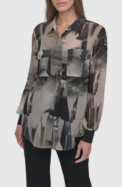 Dkny Abstract Print Chiffon Button-up Shirt In Skyln Colg