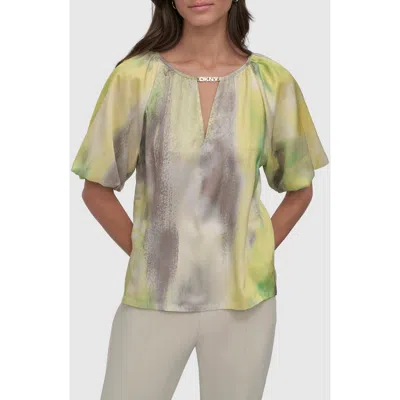 Dkny Abstract Print Logo Charm Puff Sleeve Top In Watercolor Hues