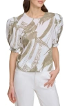 DKNY ABSTRACT PRINT PUFF SLEEVE VOILE TOP