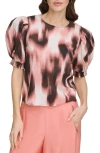 DKNY ABSTRACT PRINT PUFF SLEEVE VOILE TOP