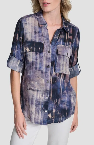 Dkny Abstract Print Roll-tab Sleeve Button-up Shirt In Blue