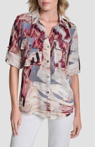 Dkny Abstract Print Roll-tab Sleeve Button-up Shirt In Gray