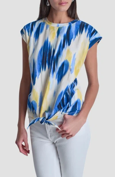 Dkny Abstract Print Side Tie Stretch Cotton Top In Blue