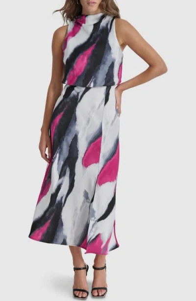 Dkny Abstract Print Sleeveless Satin Dress In Grey Geode