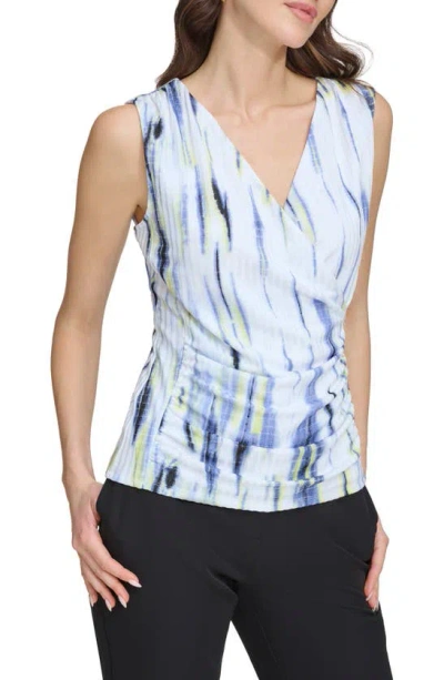 Dkny Abstract Print Sleeveless Surplice Hacci Top In White/ Inky Blue Multi