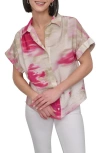 Dkny Abstract Print Textured Short Sleeve Button-up Shirt In Pink