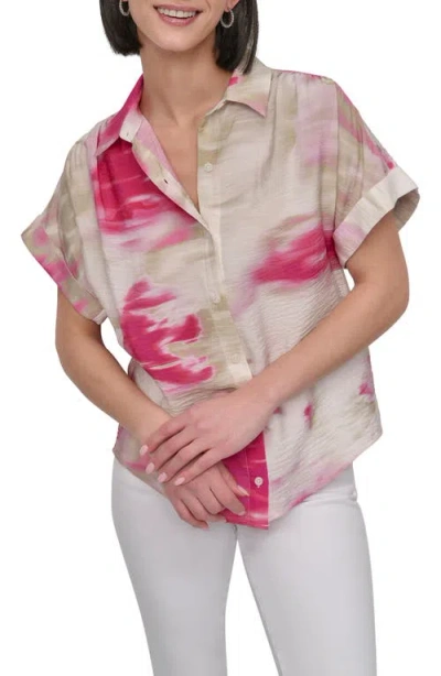Dkny Abstract Print Textured Short Sleeve Button-up Shirt In Pink