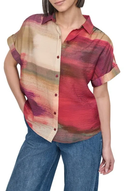Dkny Abstract Print Textured Short Sleeve Button-up Shirt