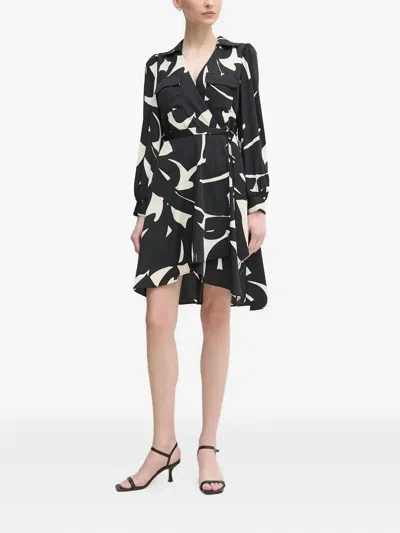 Dkny Abstract-print Wrap Dress In Black