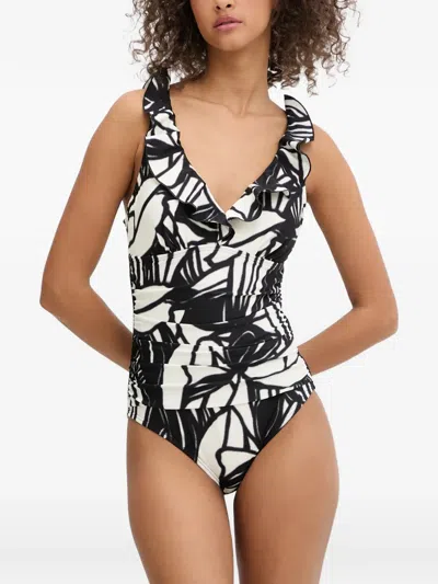 Dkny Abstract-print Ruffled Swimsuit In White