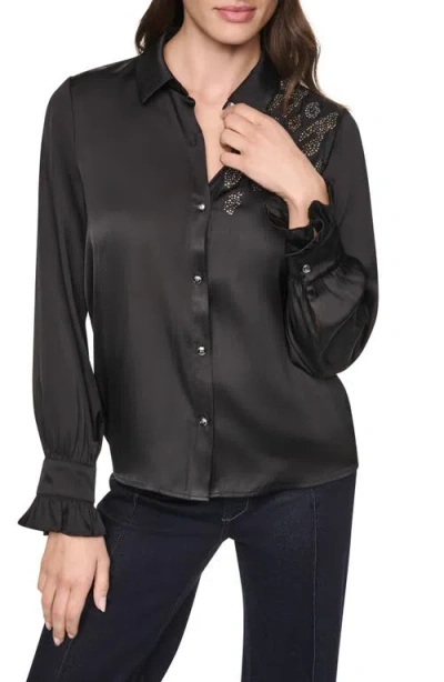 Dkny Animal Heat Set Studs Satin Button-up Shirt In Black