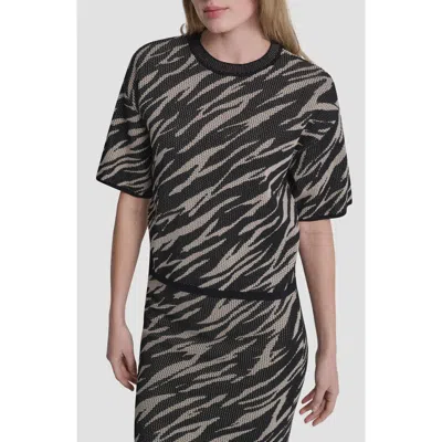Dkny Animal Pattern Openwork Jacquard Short Sleeve Sweater In Black