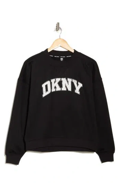 Dkny Arched Distressed Rhinestone Pullover Sweater In Black/eggnog