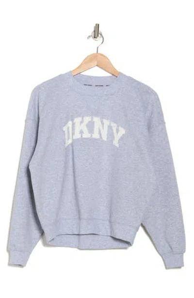 Dkny Arched Distressed Rhinestone Pullover Sweater In Pearl Grey Heather/eggnog