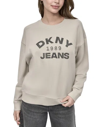 Dkny Arched  1989 Jeans Overlay Rhinestone Logo Sweatshirt In Brown