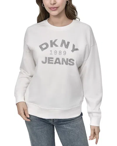 Dkny Arched  1989 Jeans Overlay Rhinestone Logo Sweatshirt In White