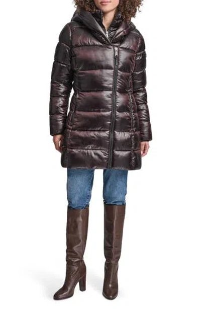 Dkny Asymmetric Bib Packable Quilted Coat In Brown