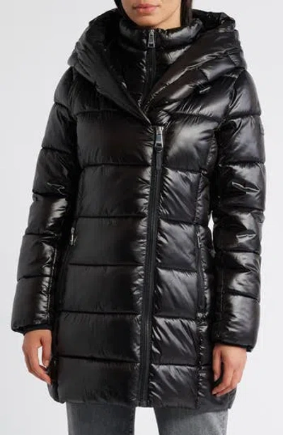 Dkny Asymmetric Bib Packable Quilted Coat In Black