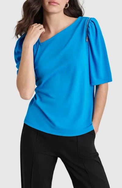 Dkny Asymmetric Neck Covertible Sleeve Top In Cadet Blue