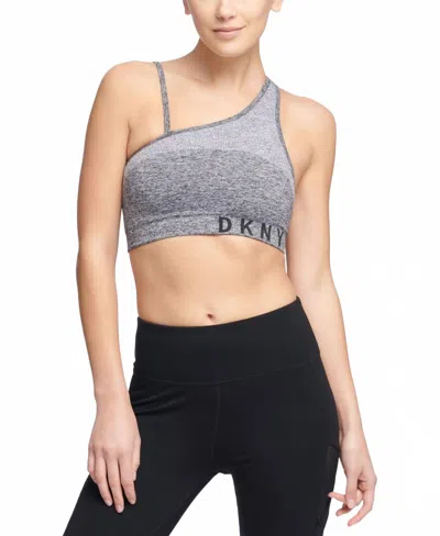 Dkny Asymmetrical Strappy Back Low Impact Sports Bra In Heather Gray In Grey